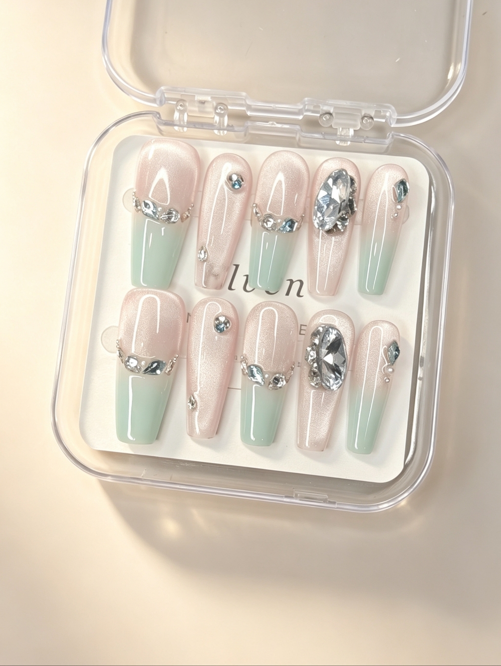 Pink Cat Eye & Mint Rhinestone Long Coffin Handmade Press On Nails